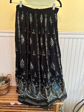Black Embroidered Maxi Skirt With Blue & Green Floral Design Elastic Waist Draws